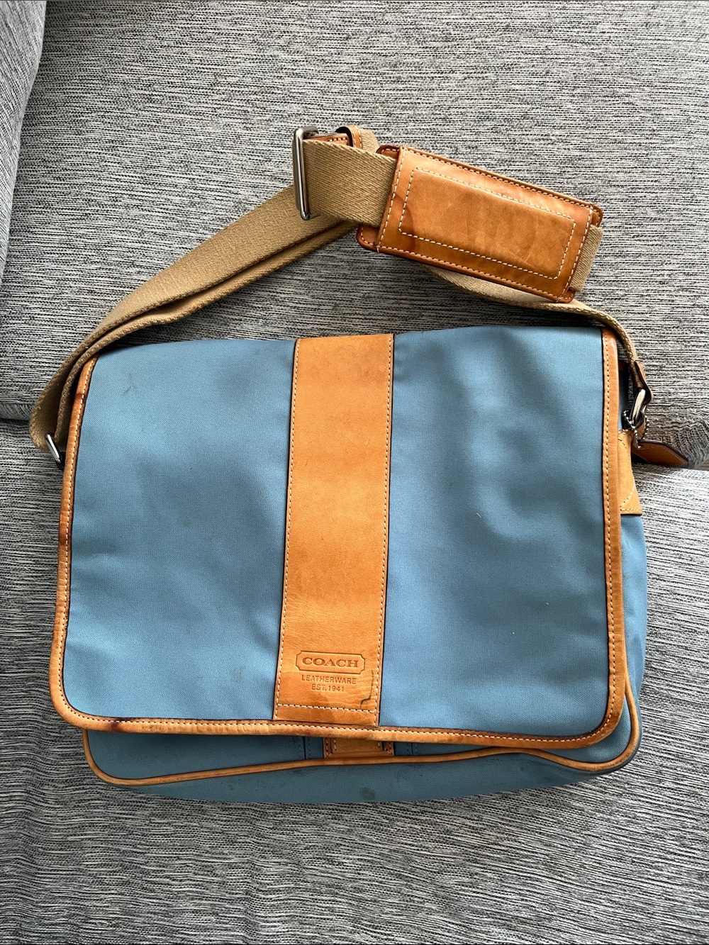 Coach Light Blue Canvas Messenger Bag with Tan Leather Trim